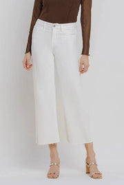 White Lies High Rise Crop Length Wide Leg White Denim Jeans