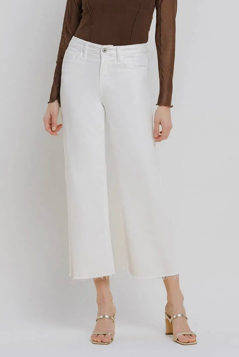 White Lies High Rise Crop Length Wide Leg White Denim Jeans