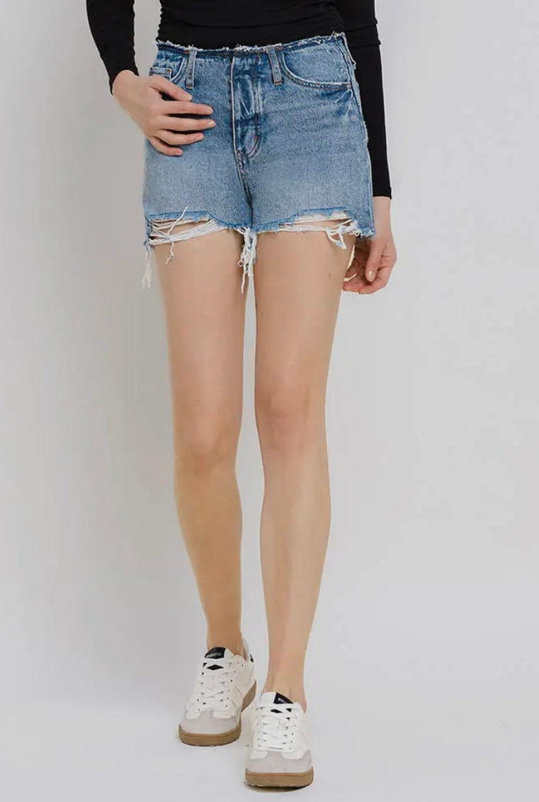 Vervet High Rise Bandless Boyfriend Fray Hem Denim Shorts