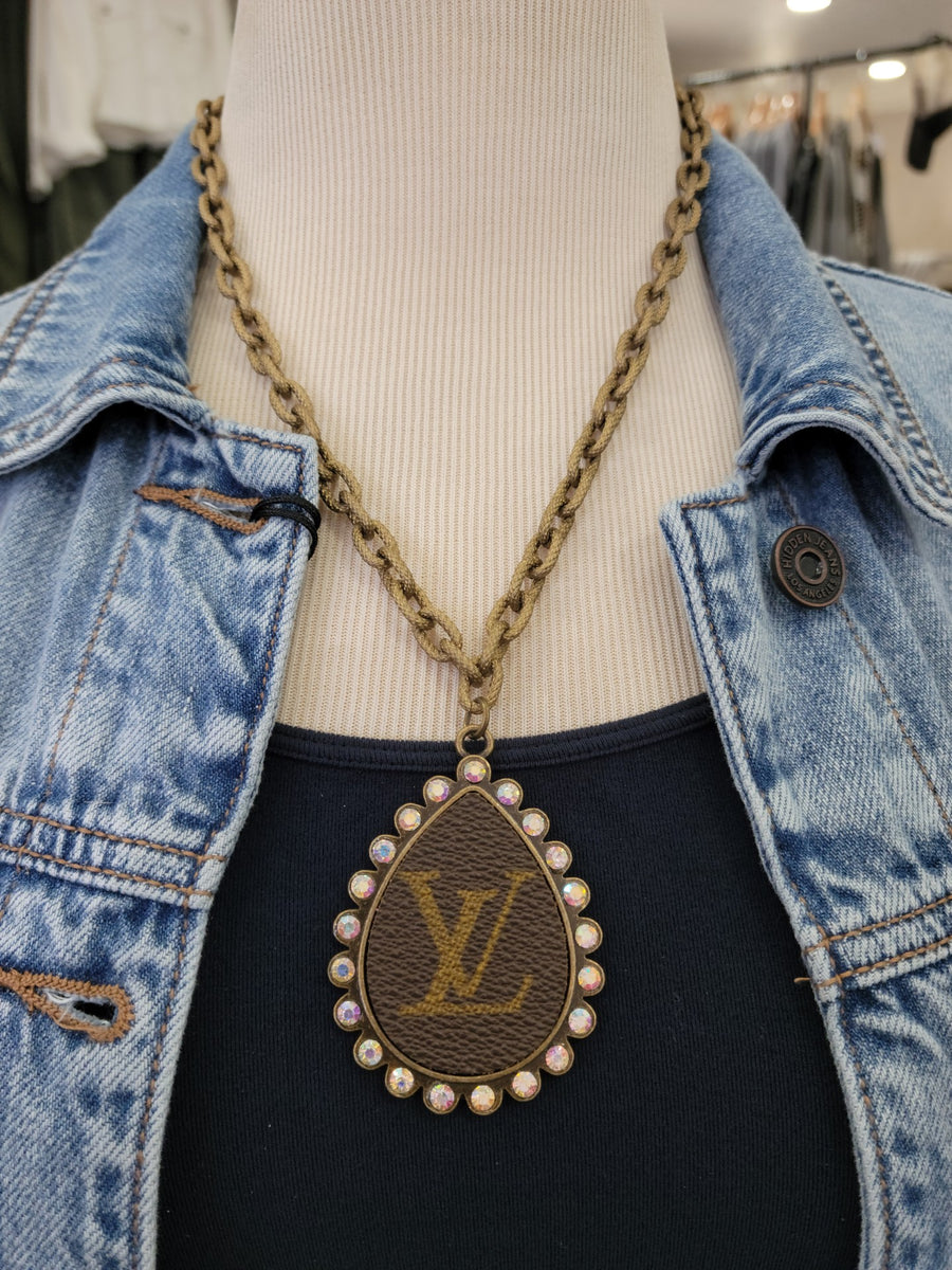 "Charming" Upcycled LV Large "LV" Bling Teardrop Dangle Charm Necklace