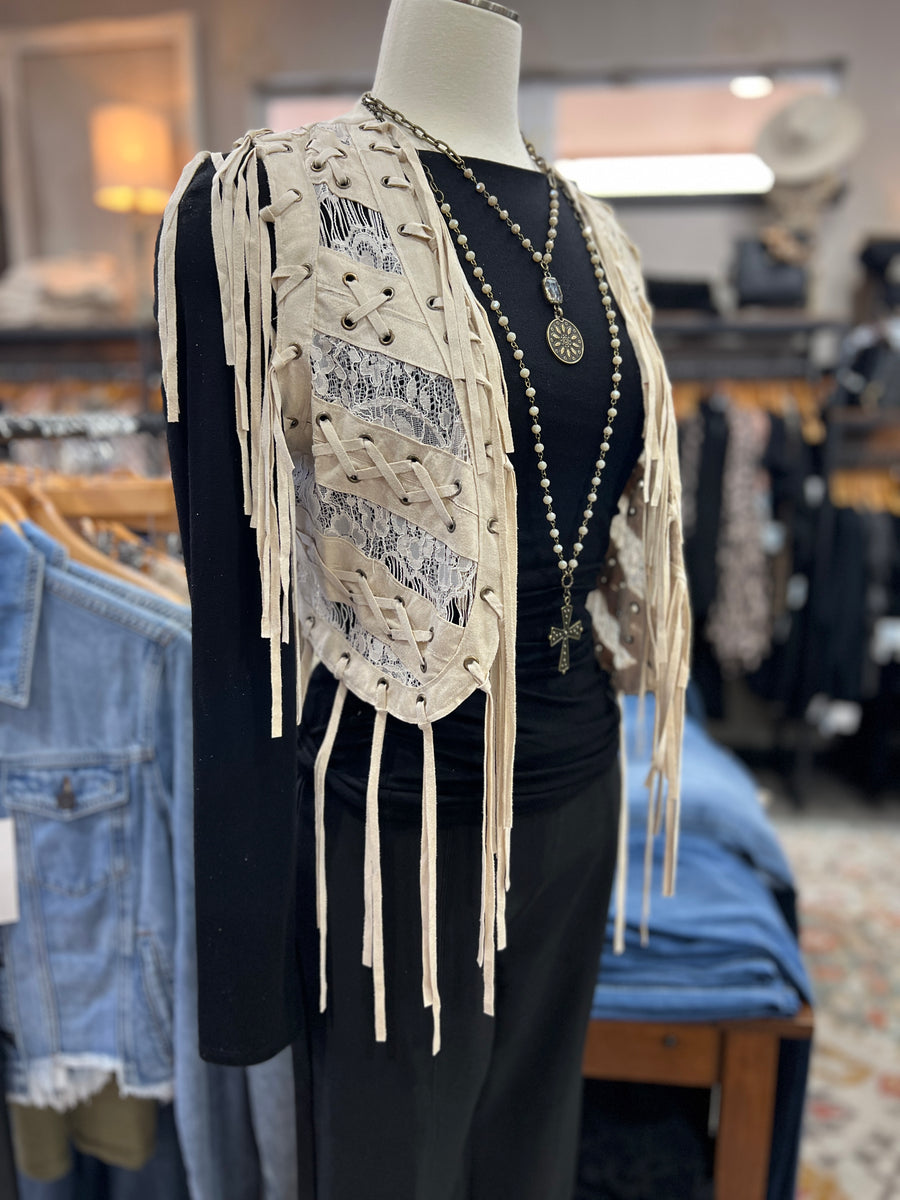 Saloon Lace & Eyelet Fringe Mini Vest