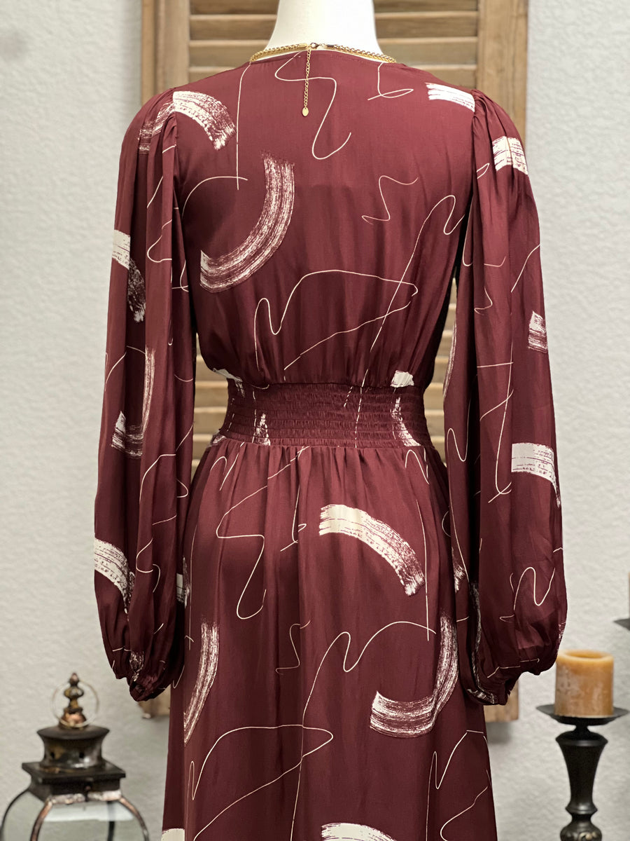 Claret Print Satin Long Sleeve Dress with Smocked Waistband and Uneven Hemline