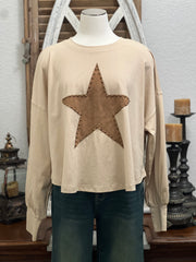 Strait Lone Star Long Sleeve Studded Suede Star Patch Tee Top