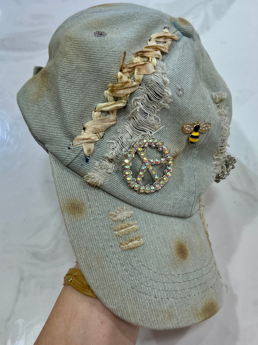 "Fancy" Distressed Baseball Cap, Handmade by A Rare Bird