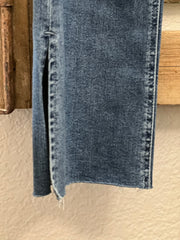 Dark Wash Denim Jeans with Side Slits, Flare Leg, and Raw Hem