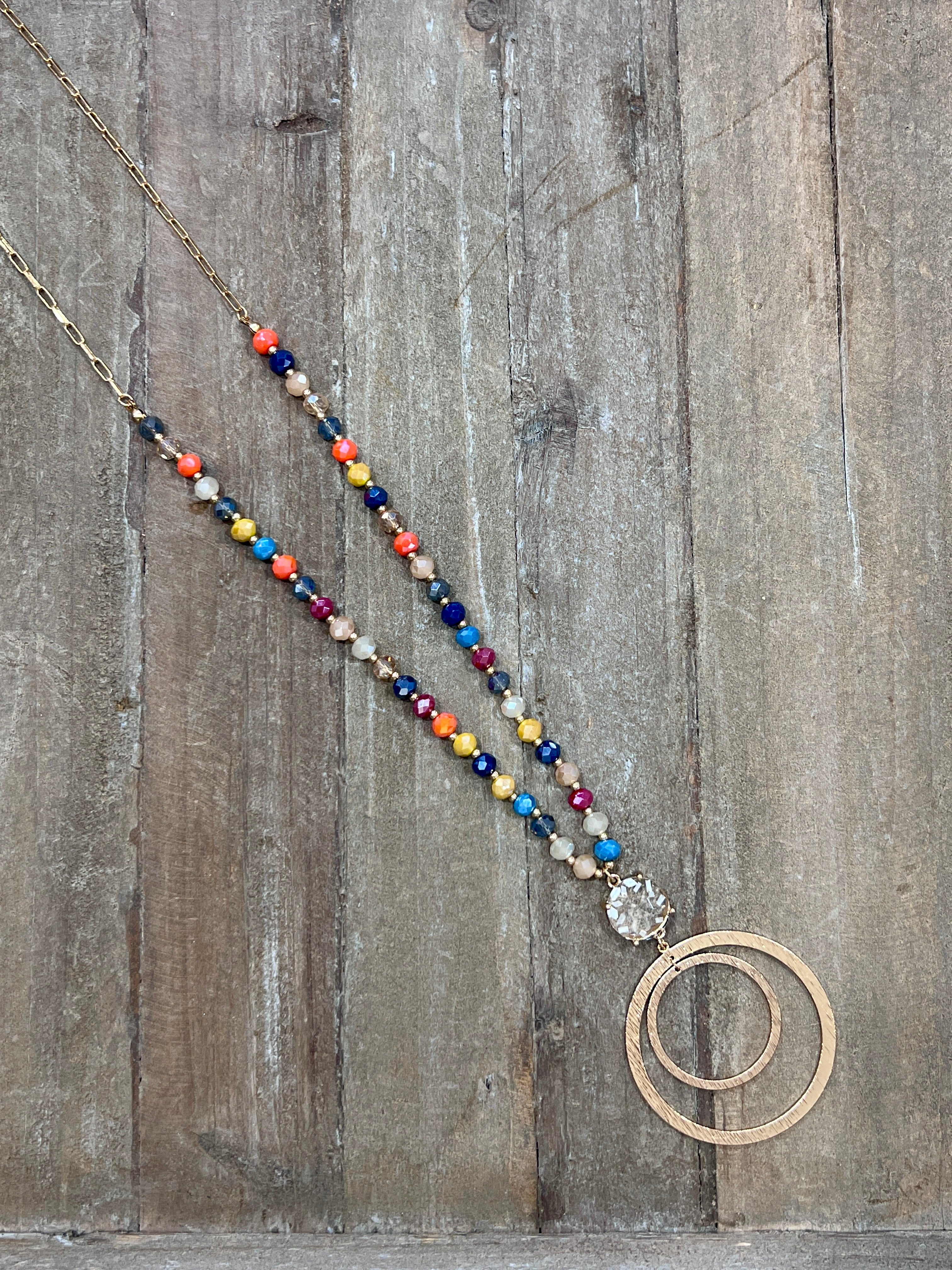 Long Beaded Crystal Open Hoop Pendant Necklace