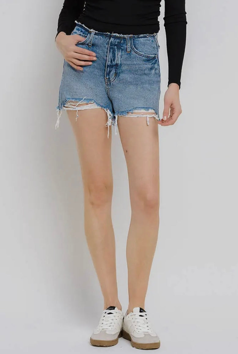 Vervet High Rise Bandless Boyfriend Fray Hem Denim Shorts