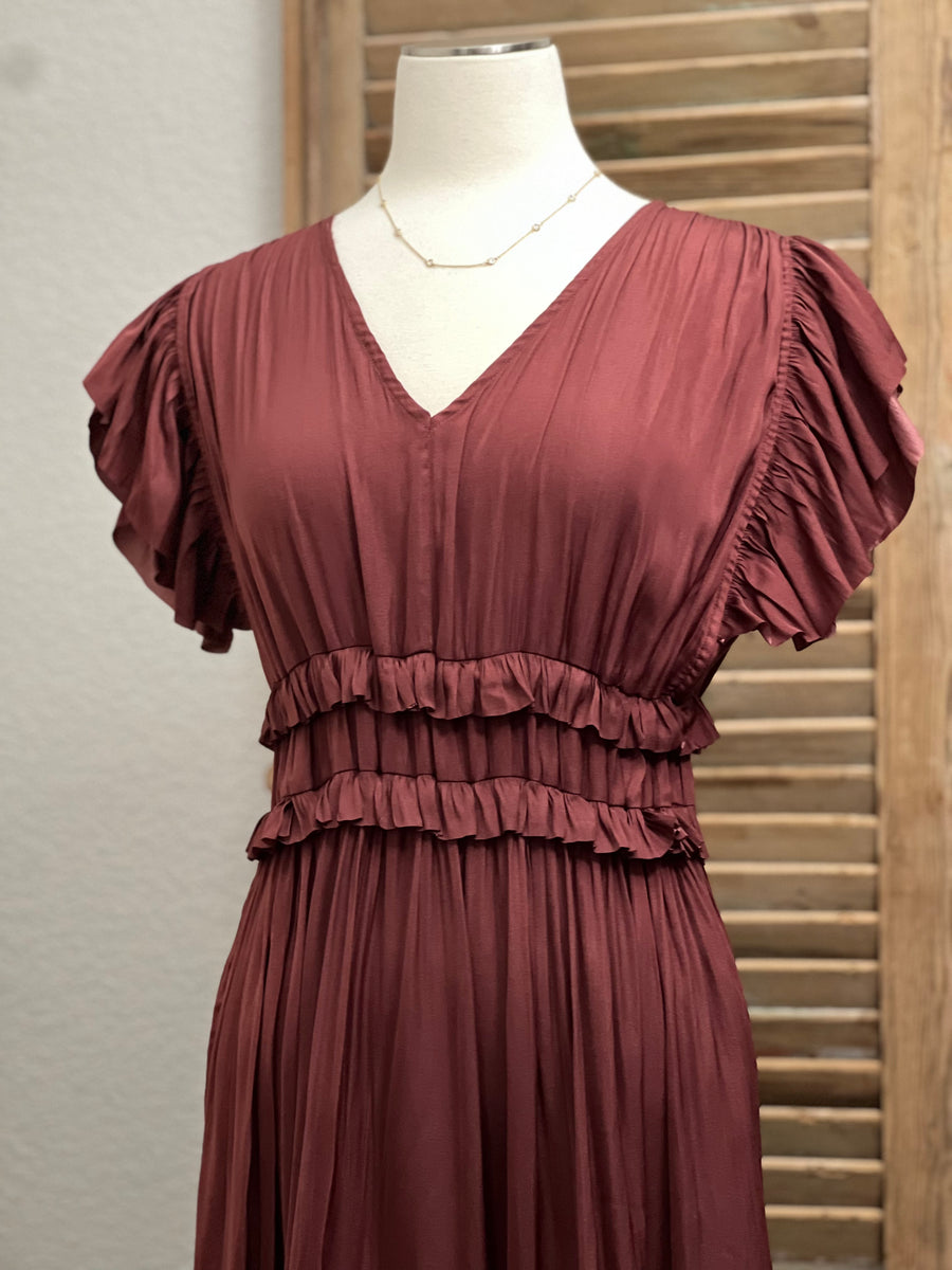 Aubrey Ruffled Satin V-Neckline Midi Dress