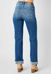 Felon High Waist Front Seam Detail Cuffed Straight Denim Jeans