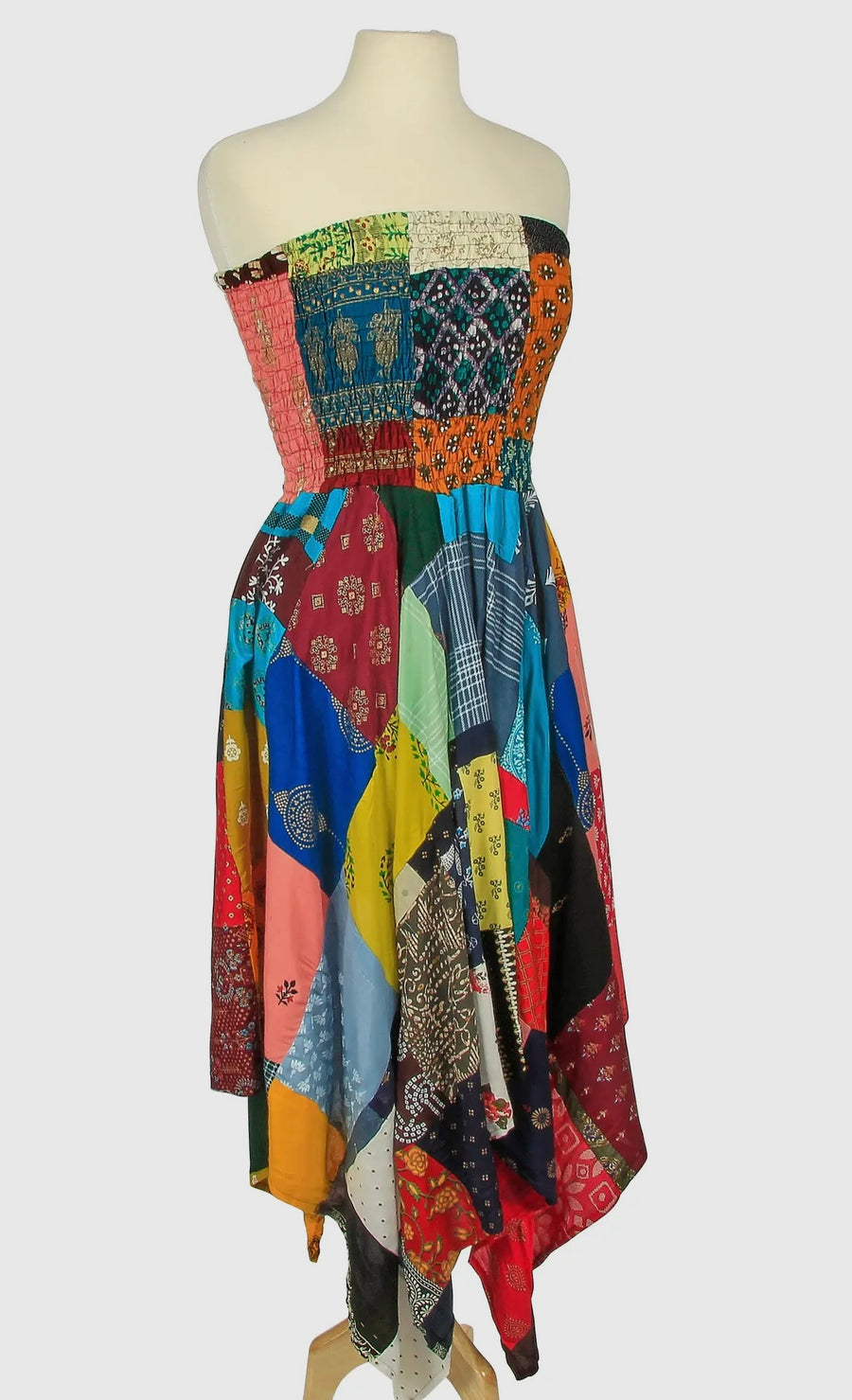 Jeannie Patchwork Strapless Handkerchief Hem Dress