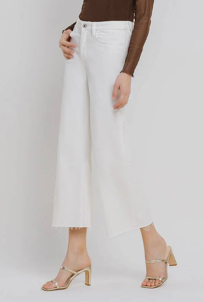 White Lies High Rise Crop Length Wide Leg White Denim Jeans