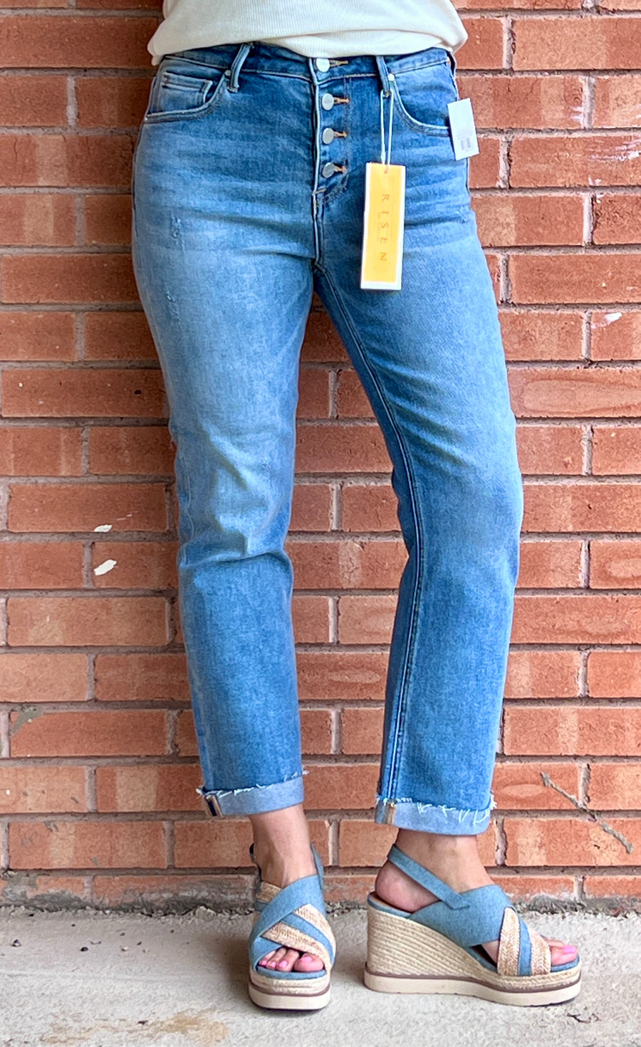 Carefree High Rise Button Fly Ankle Straight Leg Jeans