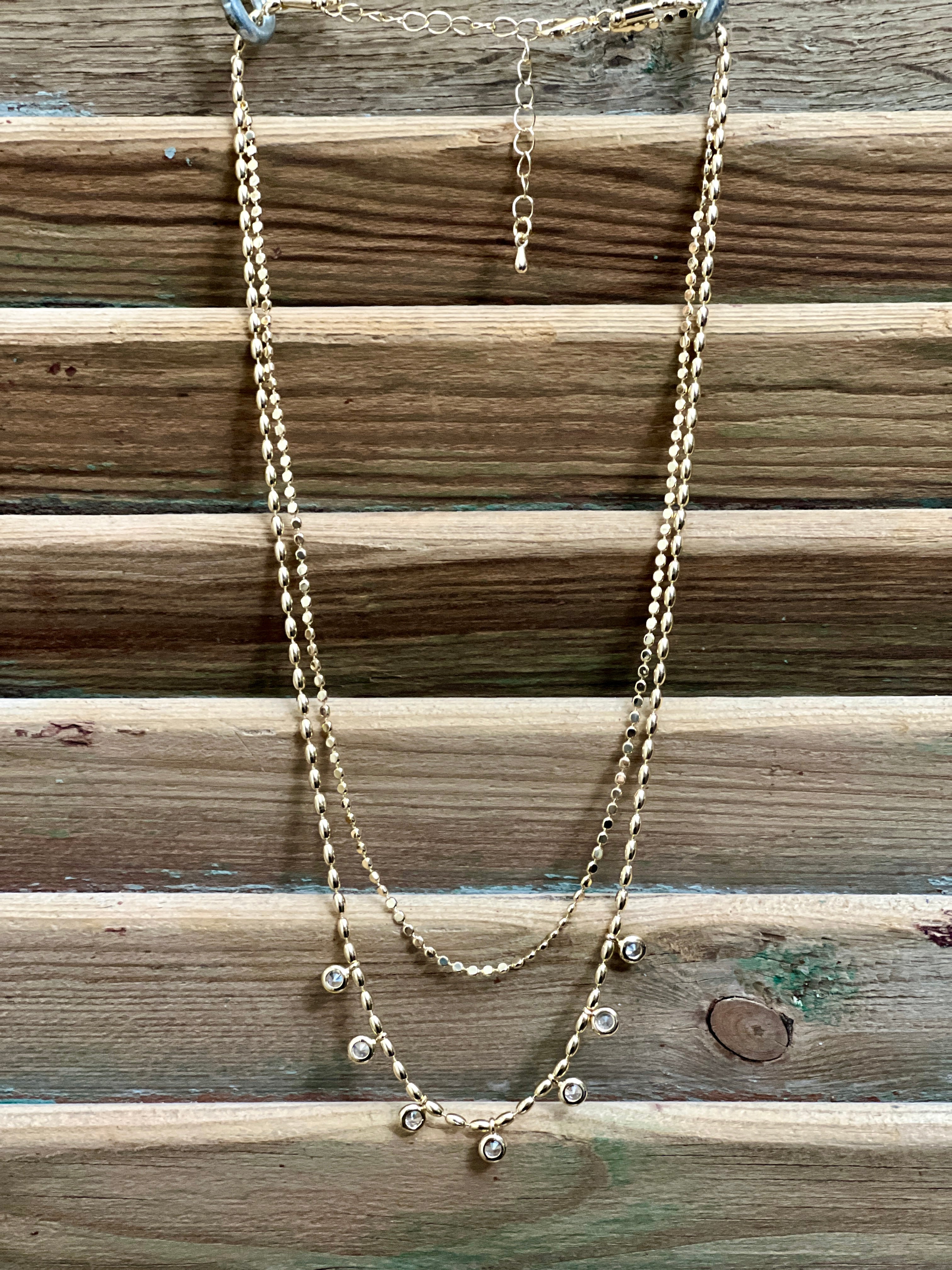 Two Layered Chain Necklace with Clear Crystal Drop Accents