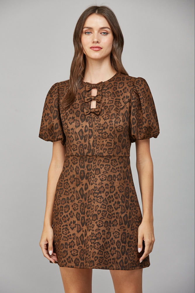 Loki Leopard Faux Suede Bow Bodice Mini Dress