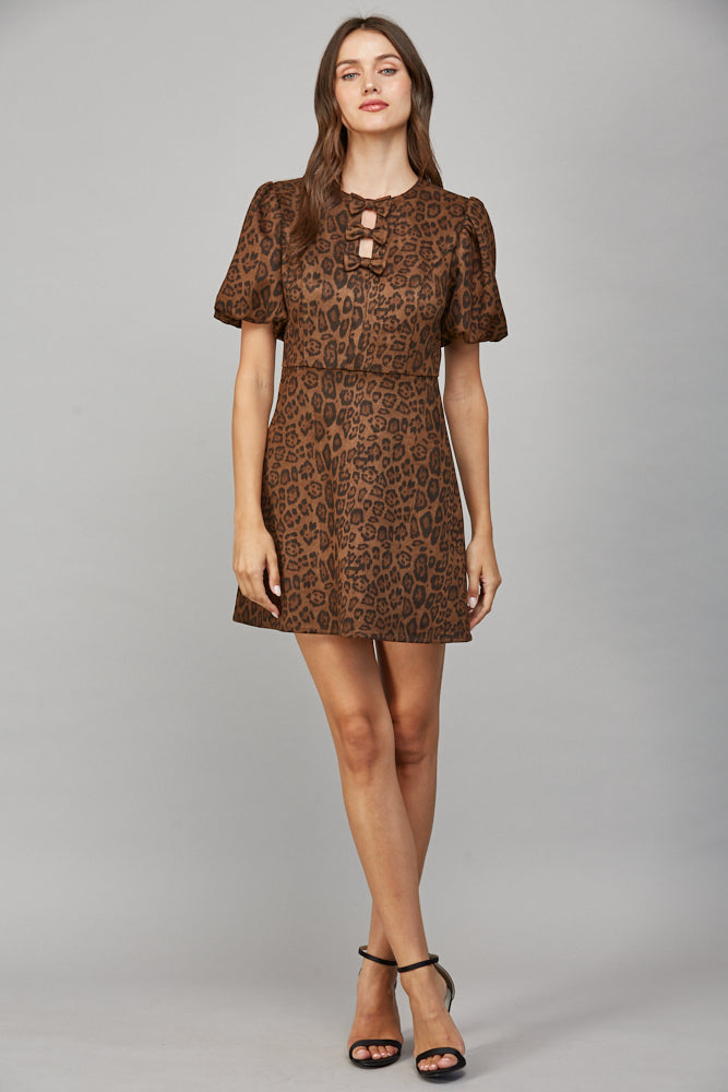 Loki Leopard Faux Suede Bow Bodice Mini Dress