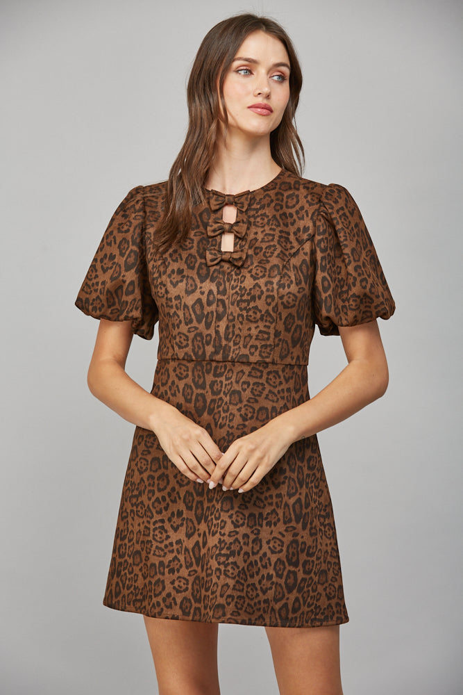 Loki Leopard Faux Suede Bow Bodice Mini Dress