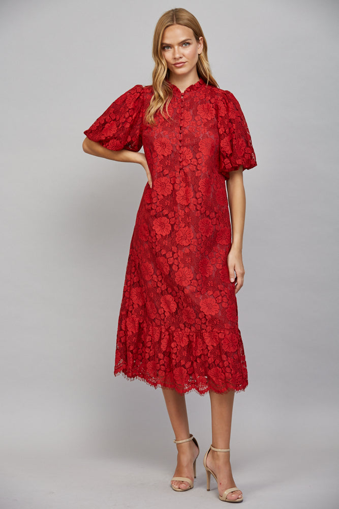 Scarlett Ruffle Neckline Lace Midi Dress