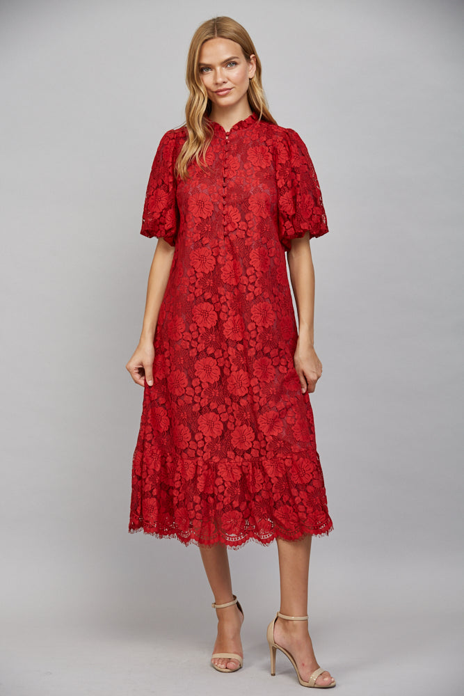 Scarlett Ruffle Neckline Lace Midi Dress