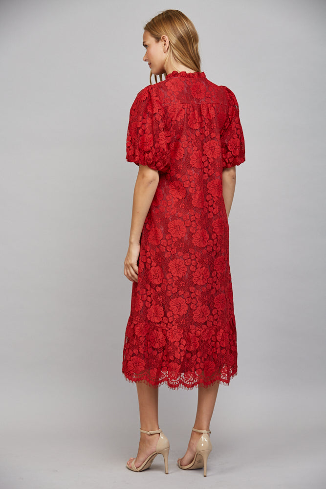 Scarlett Ruffle Neckline Lace Midi Dress