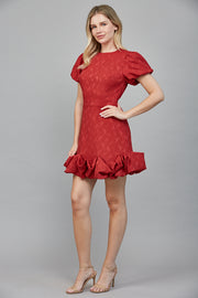 Jessica Red Floral Jacquard Ruffle Hem Mini Dress