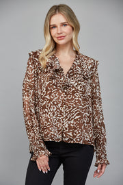 Wild Safari Layered Ruffles V-Neckline Pearl Button Blouse