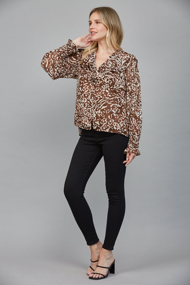 Wild Safari Layered Ruffles V-Neckline Pearl Button Blouse