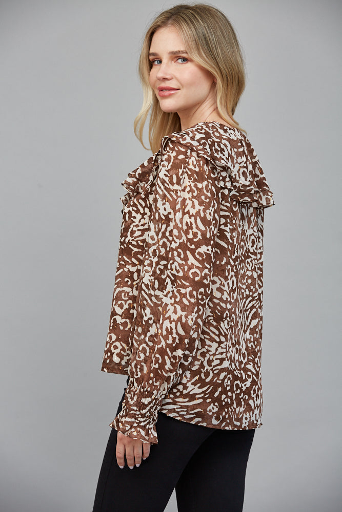 Wild Safari Layered Ruffles V-Neckline Pearl Button Blouse