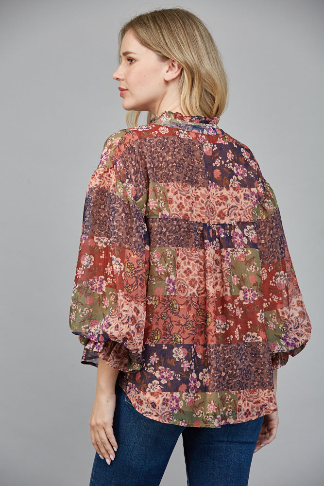 Aidyn II Puff Sleeve Button Down Chiffon Shirt Blouse