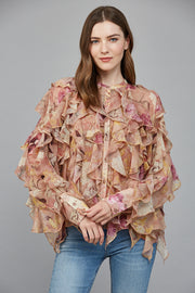 Whimsical Floral Chiffon Cascading Ruffle Blouse