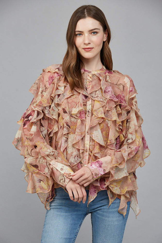 Whimsical Floral Chiffon Cascading Ruffle Blouse