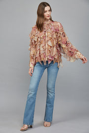 Whimsical Floral Chiffon Cascading Ruffle Blouse
