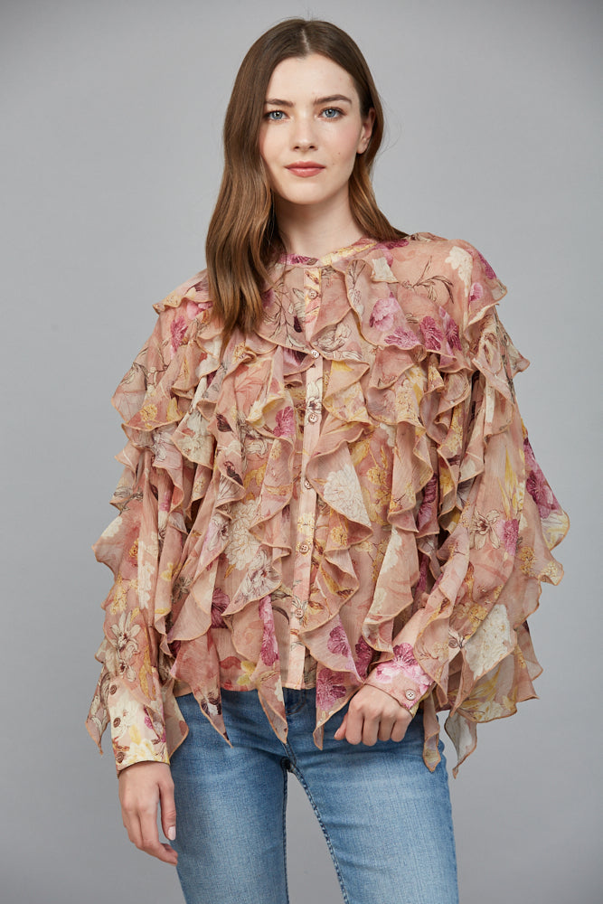 Whimsical Floral Chiffon Cascading Ruffle Blouse