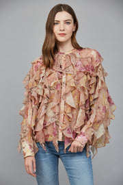 Whimsical Floral Chiffon Cascading Ruffle Blouse