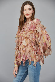 Whimsical Floral Chiffon Cascading Ruffle Blouse