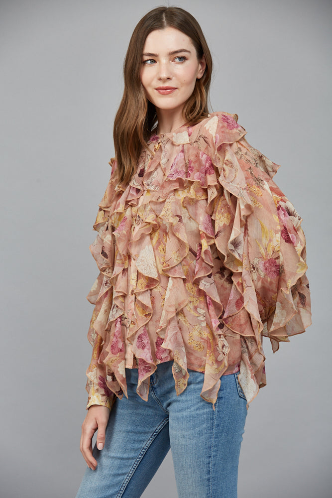 Whimsical Floral Chiffon Cascading Ruffle Blouse
