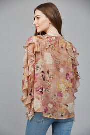 Whimsical Floral Chiffon Cascading Ruffle Blouse