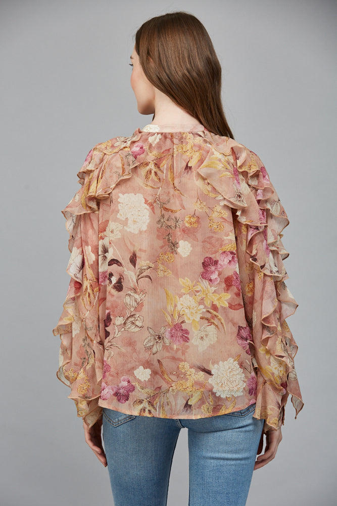 Whimsical Floral Chiffon Cascading Ruffle Blouse
