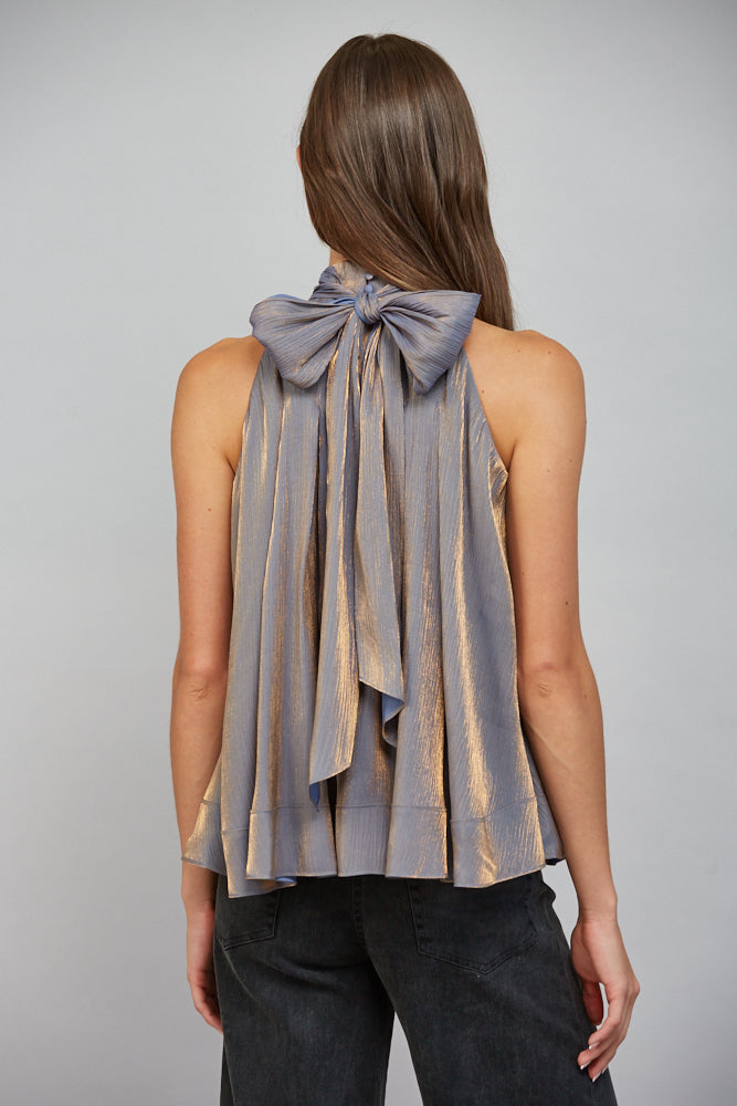 Sylvia Pleated Silhouette Tie Back Halter Blouse Top