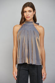 Sylvia Pleated Silhouette Tie Back Halter Blouse Top