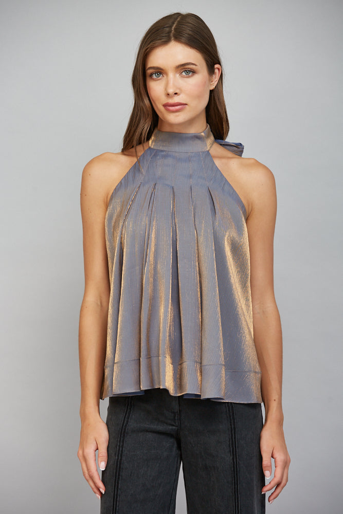 Sylvia Pleated Silhouette Tie Back Halter Blouse Top