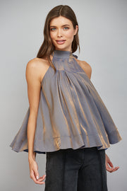 Sylvia Pleated Silhouette Tie Back Halter Blouse Top