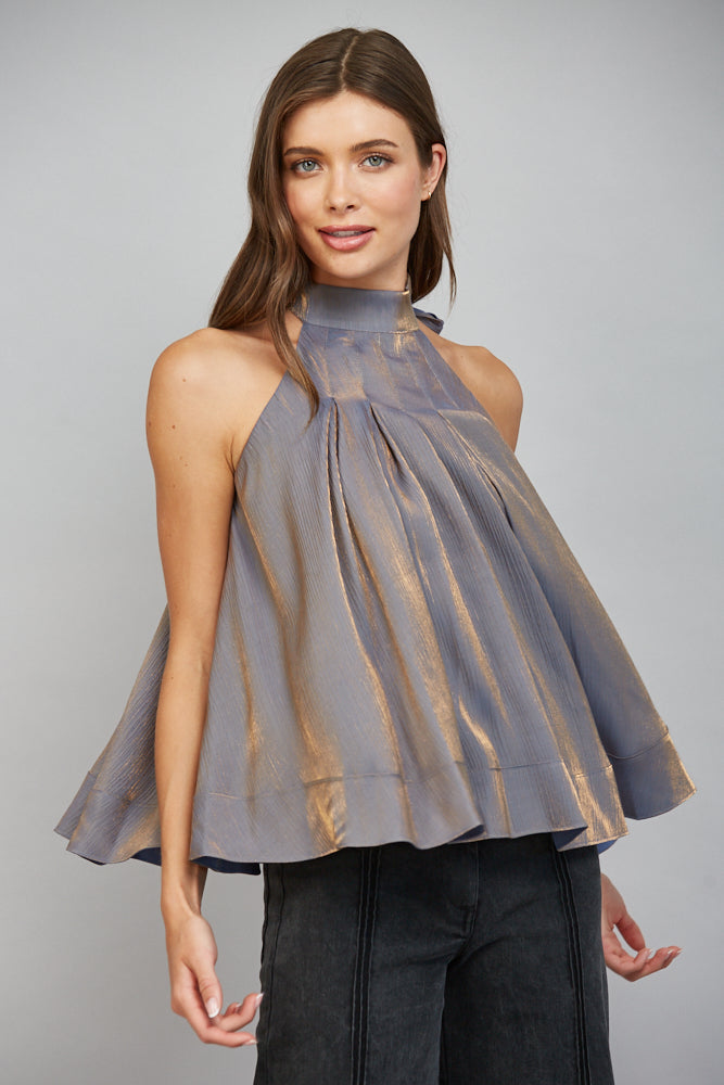Sylvia Pleated Silhouette Tie Back Halter Blouse Top