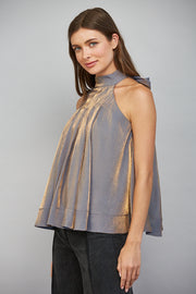 Sylvia Pleated Silhouette Tie Back Halter Blouse Top
