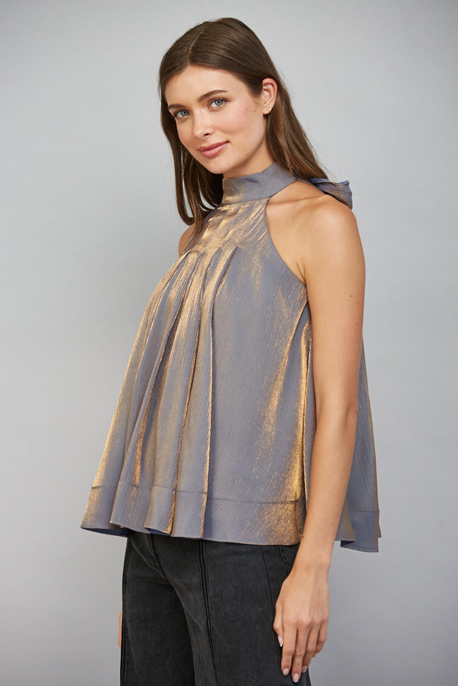 Sylvia Pleated Silhouette Tie Back Halter Blouse Top