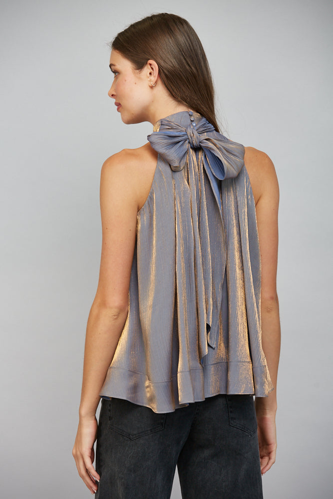 Sylvia Pleated Silhouette Tie Back Halter Blouse Top
