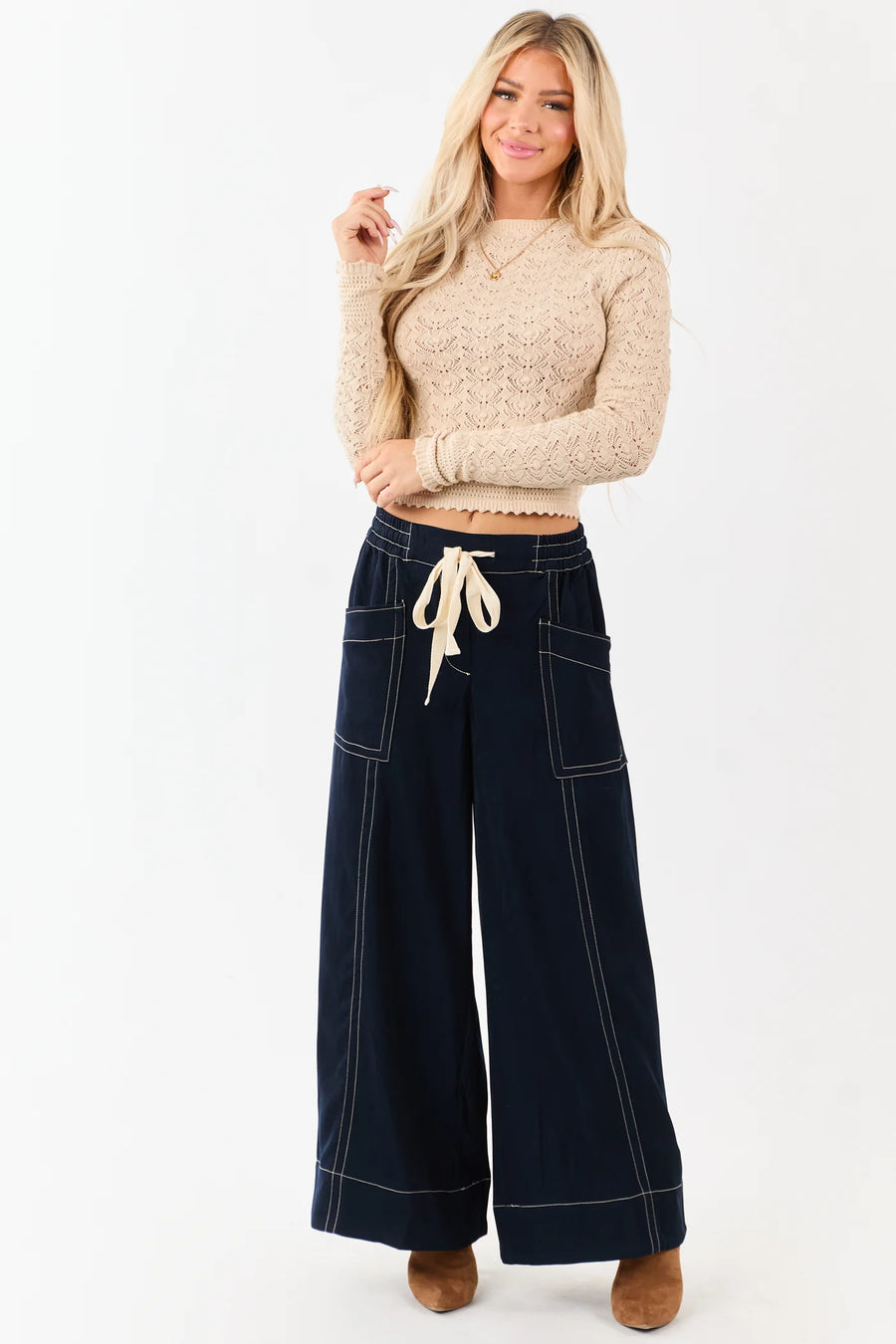 Gilligan Soft Washed Contrast Stitch Wide Leg Pants