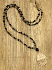 Long Beaded Hammered Gold Pendant Necklace