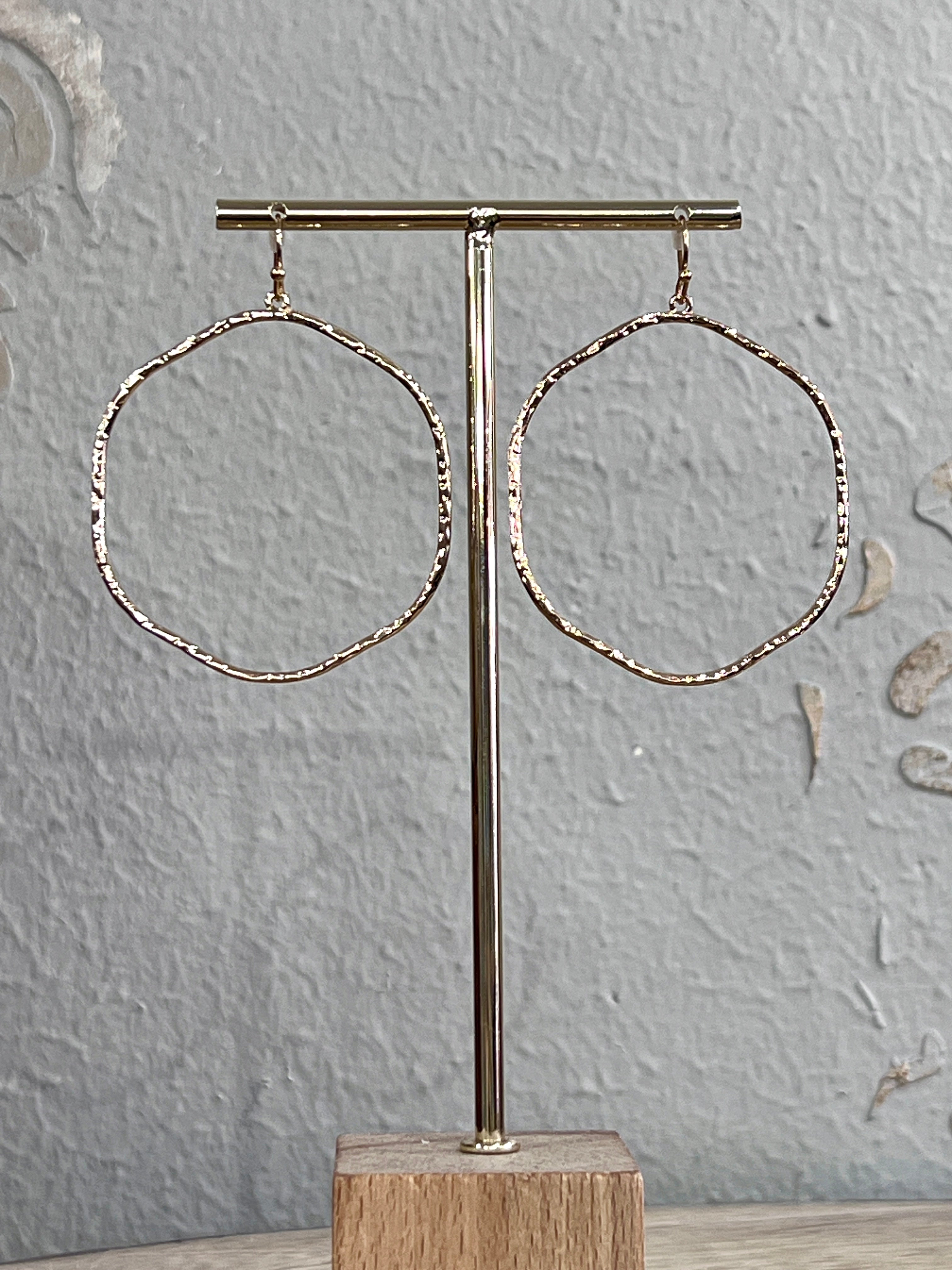 Gold Hammered Thin Drop Uneven Hoop Earrings