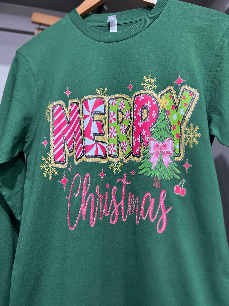 Merry Candy Christmas Bejeweled Long Sleeve Graphic Crew Tee