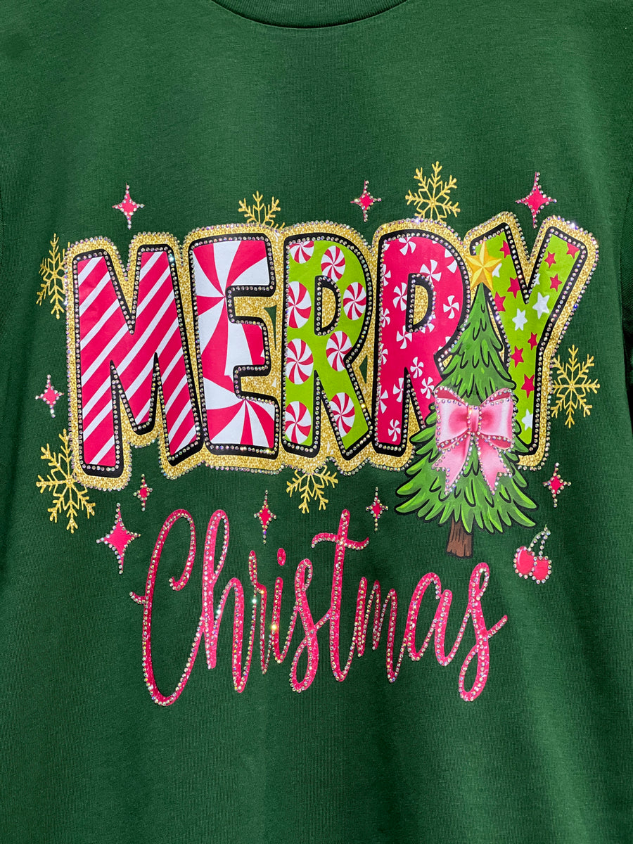 Merry Candy Christmas Bejeweled Long Sleeve Graphic Crew Tee